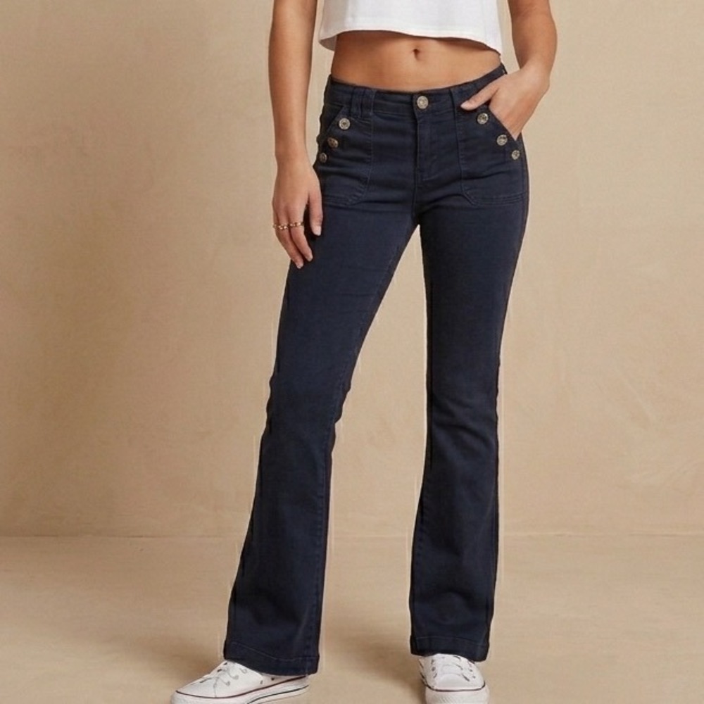 Vtg 90s Y2K BeBop Sailor Jeans 3 Navy Flared Low Rise Sailor‎ Button Flare Pants